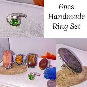 6pcs Handmade Ring Set Mookaite Jasper Purpurite Amber Gemstone